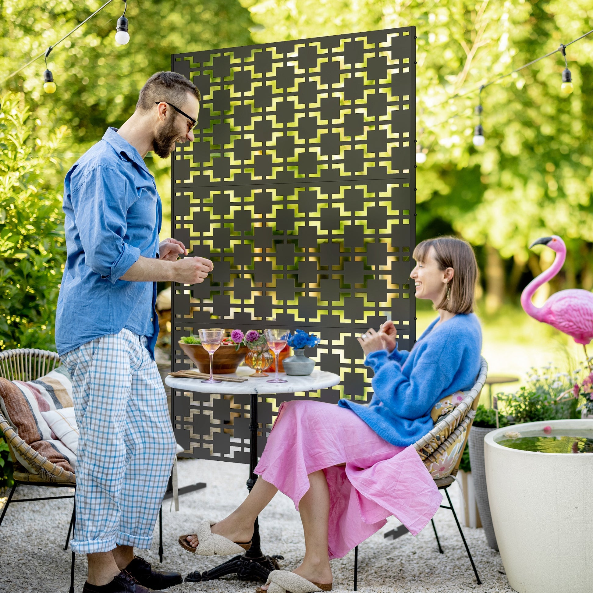 Stylish Black Steel Outdoor Privacy Screen with Leaf Motif and Trellis Functionality - ALL4U RETAILER LTD