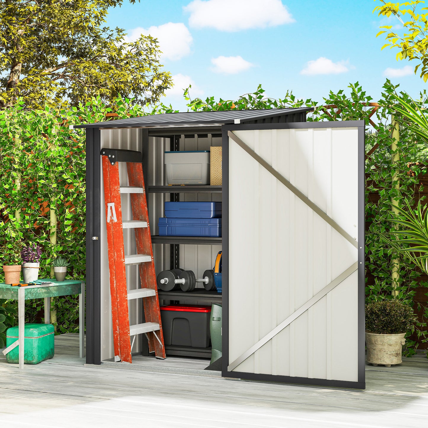 Outsunny Steel Lean To Garden Shed With Locking Door Dark Grey For Outdoor Storage