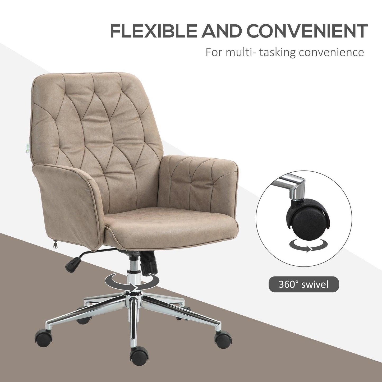 Vinsetto Microfibre Computer Chair with Armrest, Modern Swivel Chair with Adjustable Height, Khaki - ALL4U RETAILER LTD