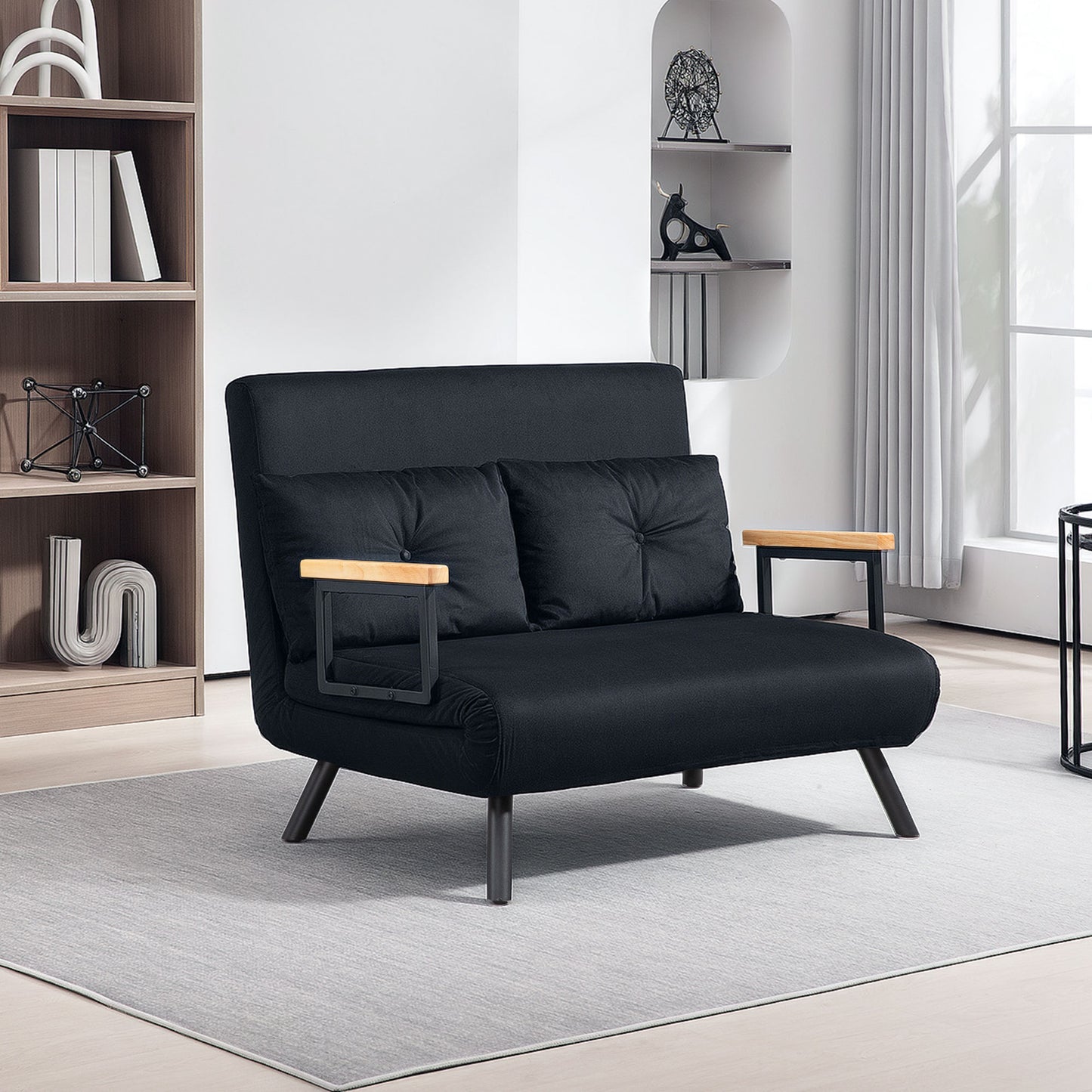HOMCOM 4-In-1 Velvet-Feel Double Sofa Bed With Pillows Black Steel Frame Five-Position Backrest Cushioned For Comfort