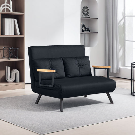 HOMCOM 4-In-1 Velvet-Feel Double Sofa Bed With Pillows Black Steel Frame Five-Position Backrest Cushioned For Comfort