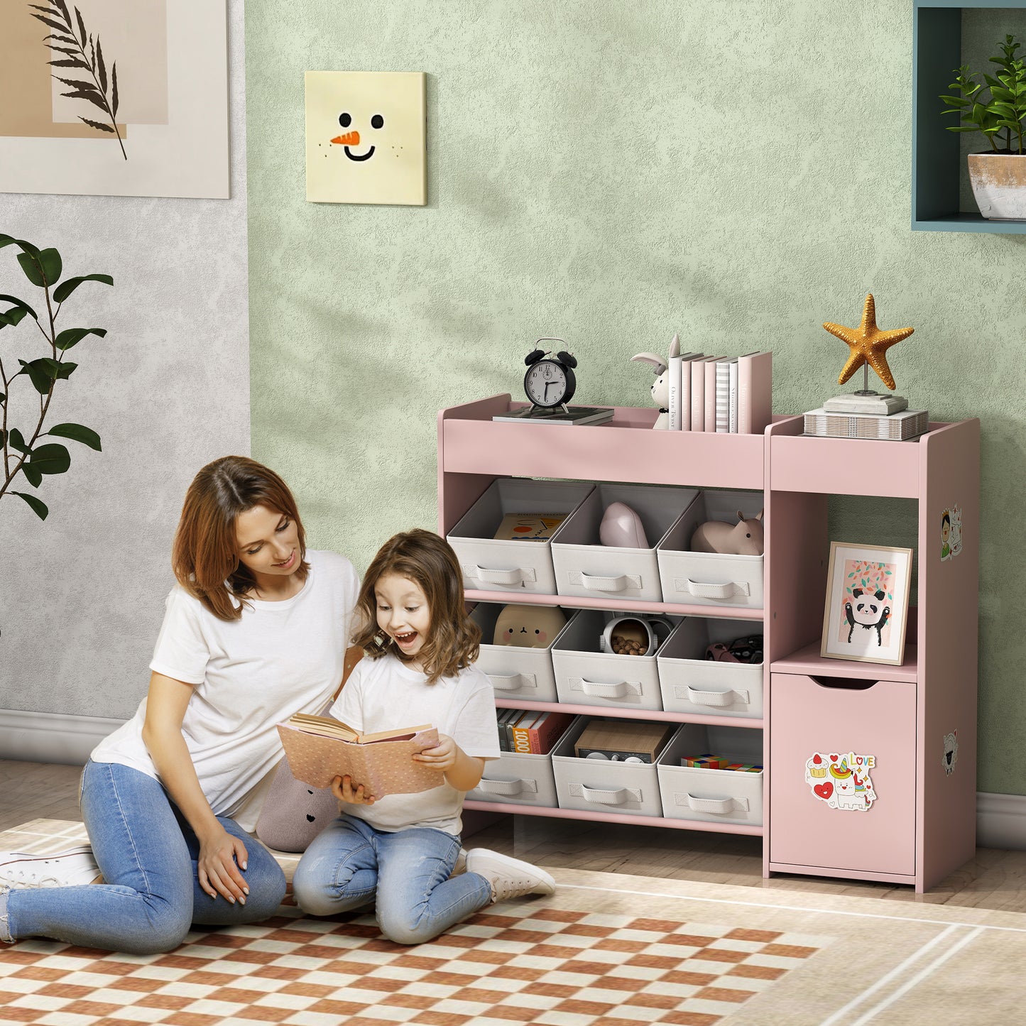 AIYAPLAY Kids Toy Storage With 9 Removable Fabric Bins Wooden Storage Unit For Toys And Books Pink Nursery Bedroom