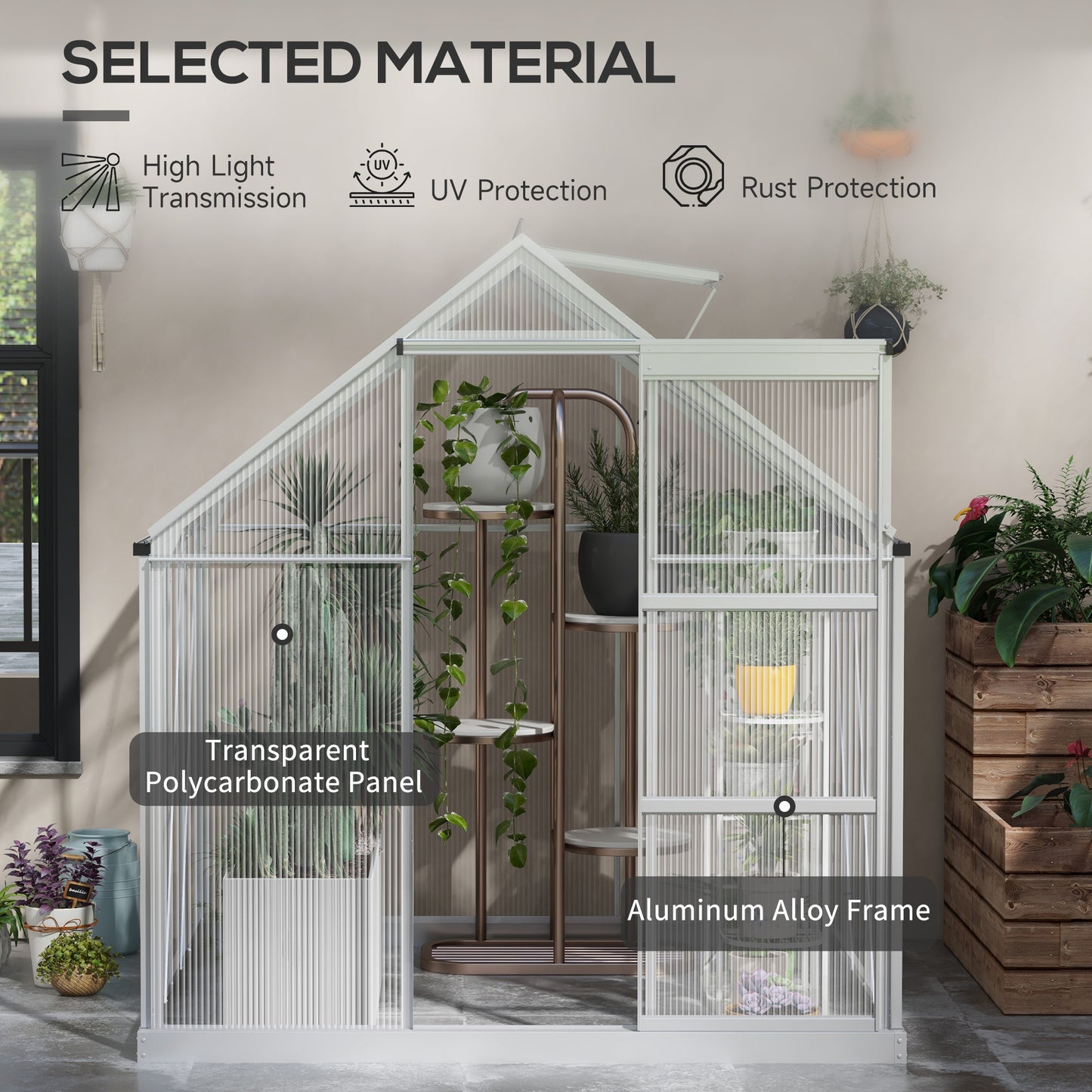 Outsunny 6 x 6ft Aluminium Framed Polycarbonate Greenhouse with Sliding Door and Adjustable Window, Silver - ALL4U RETAILER LTD