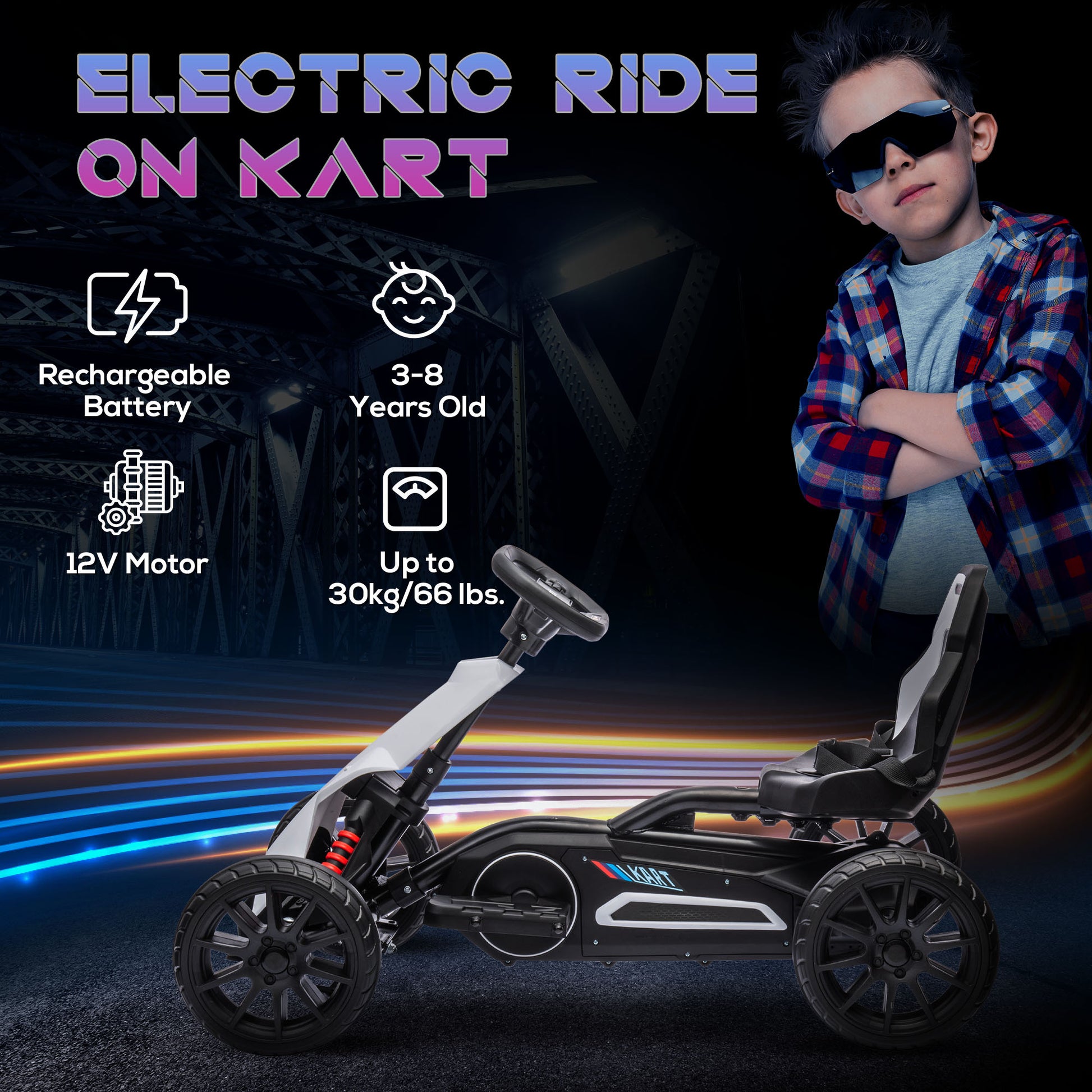 HOMCOM 12V Kids Electric Go Kart with Rechargeable Battery - Fun Ride-On Racing Kart for Boys and Girls Aged 3-8, White - ALL4U RETAILER LTD