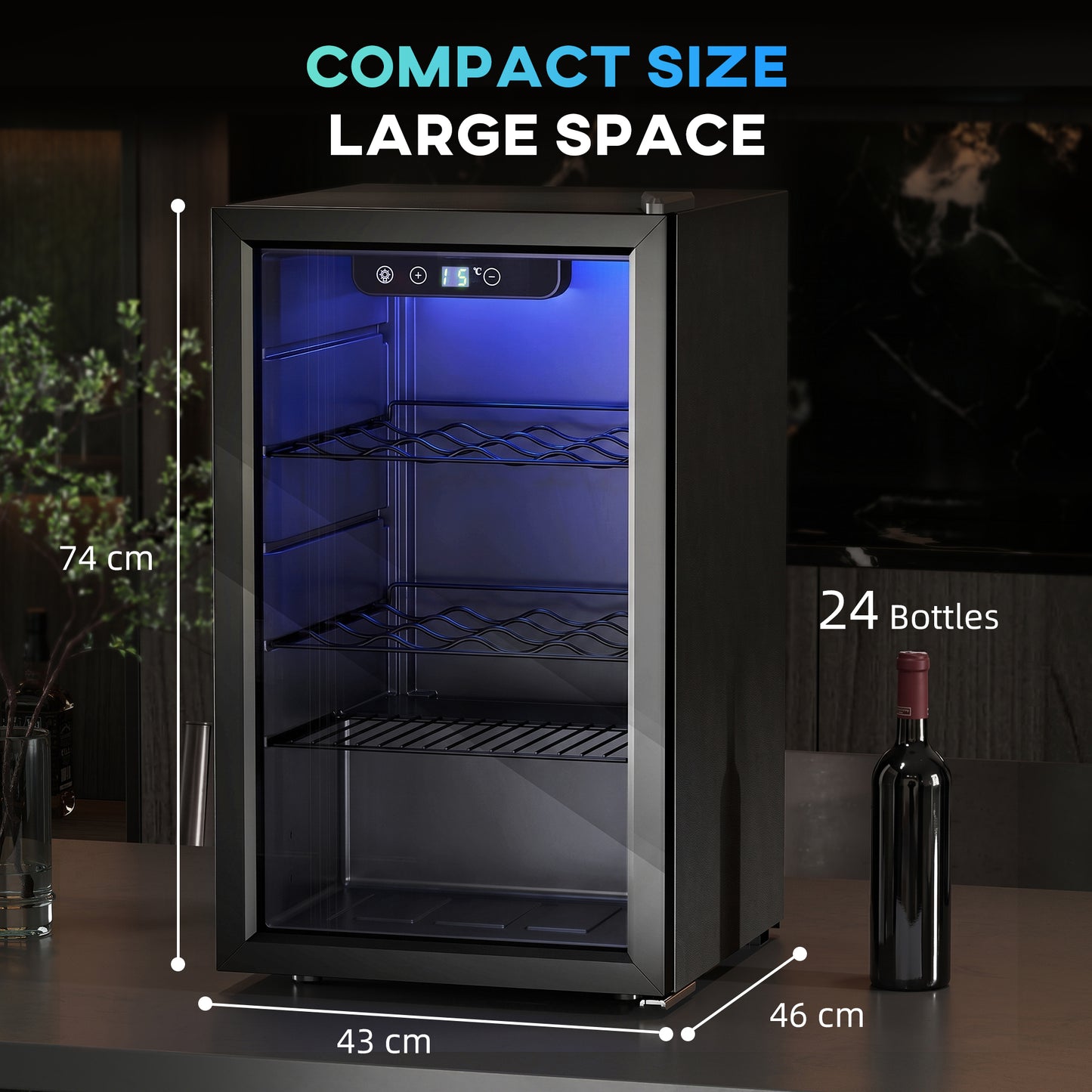 HOMCOM 24 Bottle Wine Cooler With Glass Door 68 Litre Capacity Freestanding Beverage Fridge 4 To 16 C Black