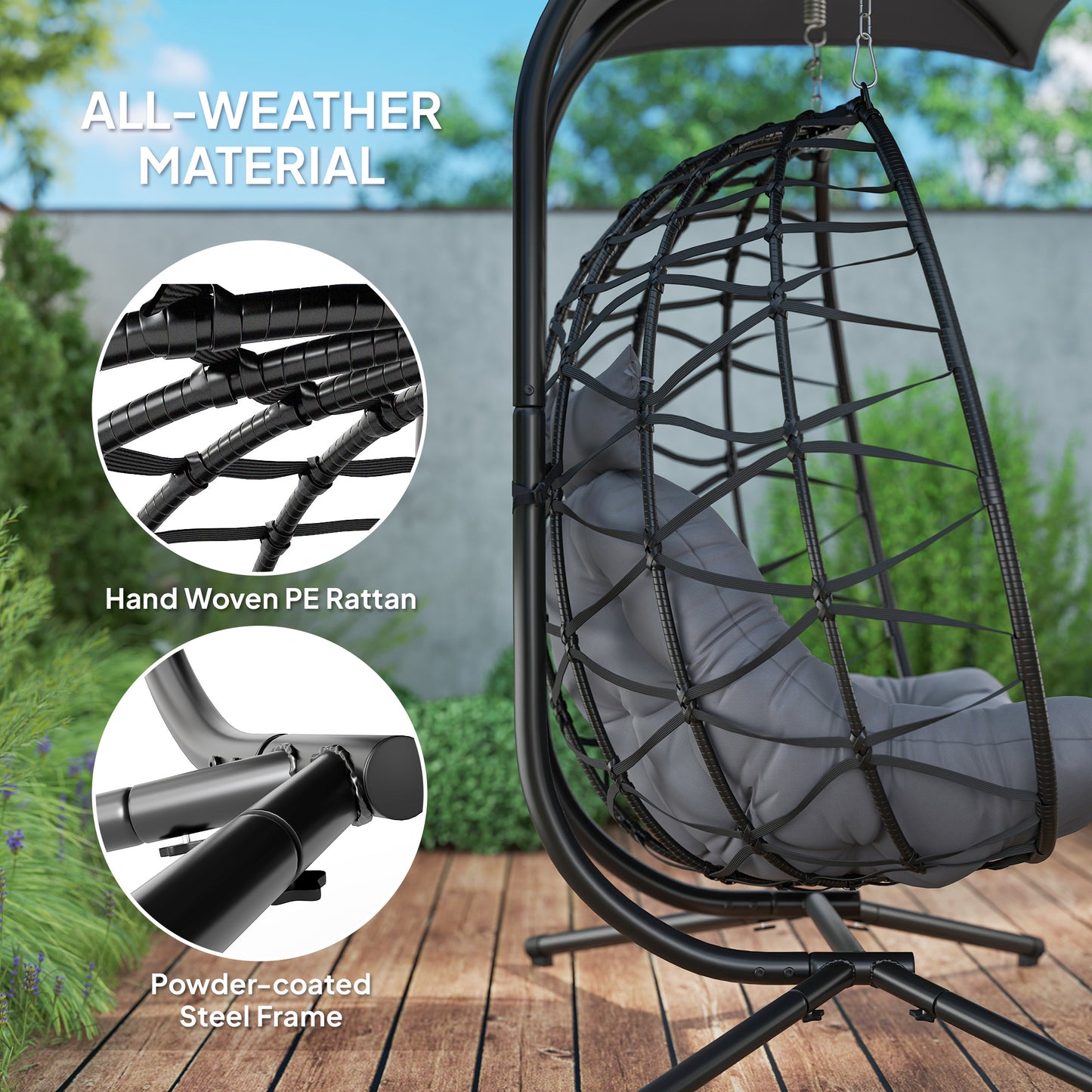Outsunny Double Rattan Egg Chair With Canopy Powder Coated Steel Frame For Outdoor Garden Patio Two Seater Black