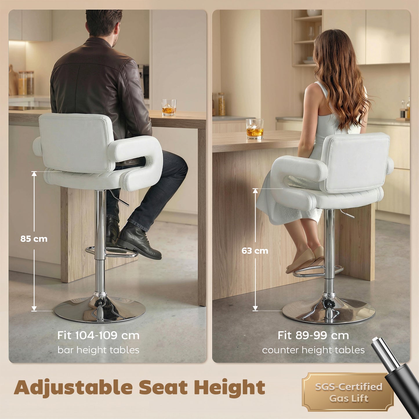 HOMCOM Adjustable Bar Stools Set Of 2 Swivel Kitchen Chairs With Backrest And Armrests PU Leather White
