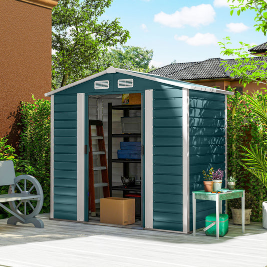 Outsunny 7 x 4 Ft Garden Shed Easy to Assemble Upgraded Galvanised Steel Frame Double Doors Lock Vents Green