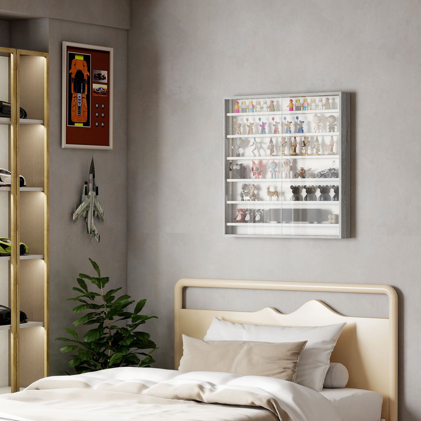 HOMCOM Six Shelf Display Cabinet with Glass Doors Graphite Wood Effect Wall Mounted