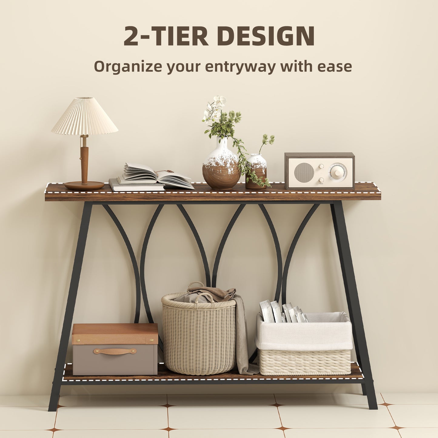 HOMCOM Narrow Console Table Industrial 2 Tier Sofa Table With Metal Frame Entryway Living Room 120x30x80 cm Rustic Brown