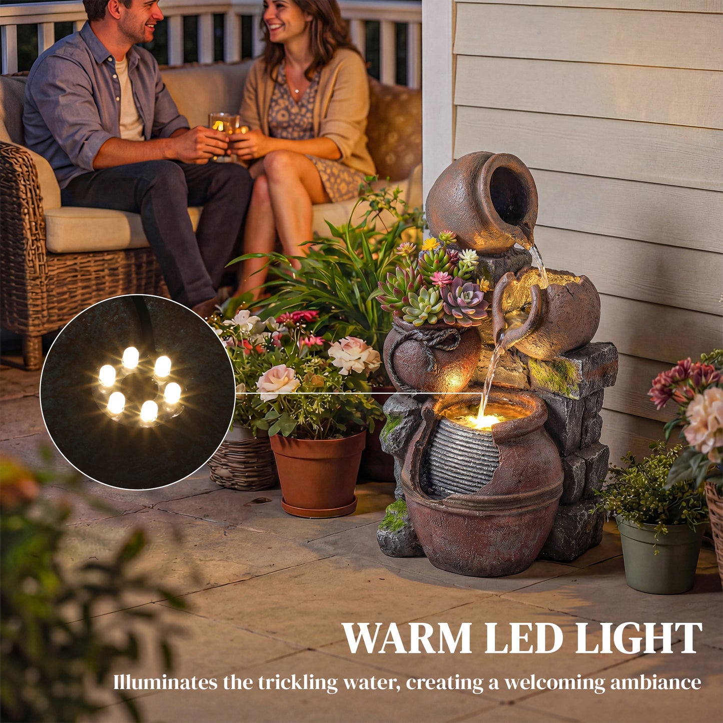 Outsunny 4-Tier Outdoor Fountain With Planter And LED Lights In Rustic Brown Garden Decor