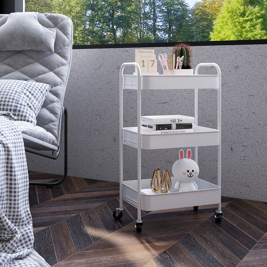 HOMCOM Three Tier Steel Storage Trolley White Rolling Cart With Small Medium Large Baskets Home Organization