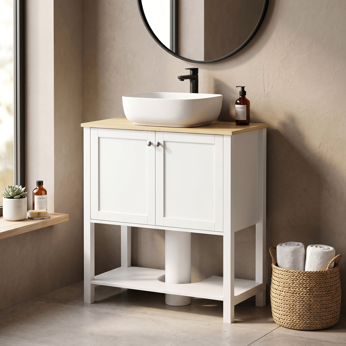 White under-sink cabinet with wood top, two doors, open shelf, faucet and toiletries.