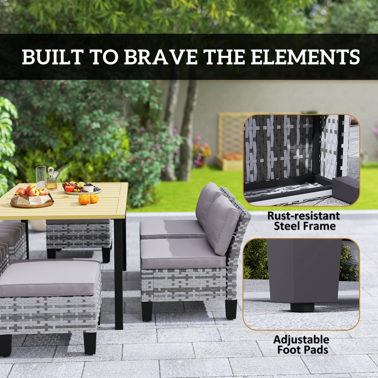 Outsunny Seven Piece Rattan Dining Set Grey Outdoor Patio Table With Parasol Hole