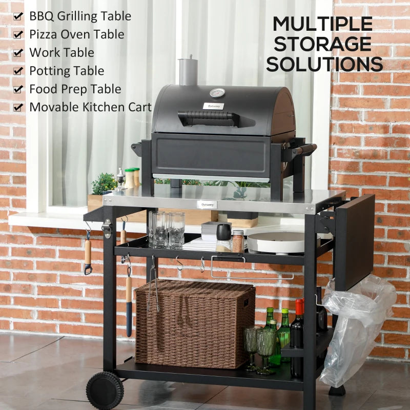 Outsunny Multi-Feature BBQ Grill Table with Stainless Steel Top - Outdoor Cooking Station, Black - ALL4U RETAILER LTD