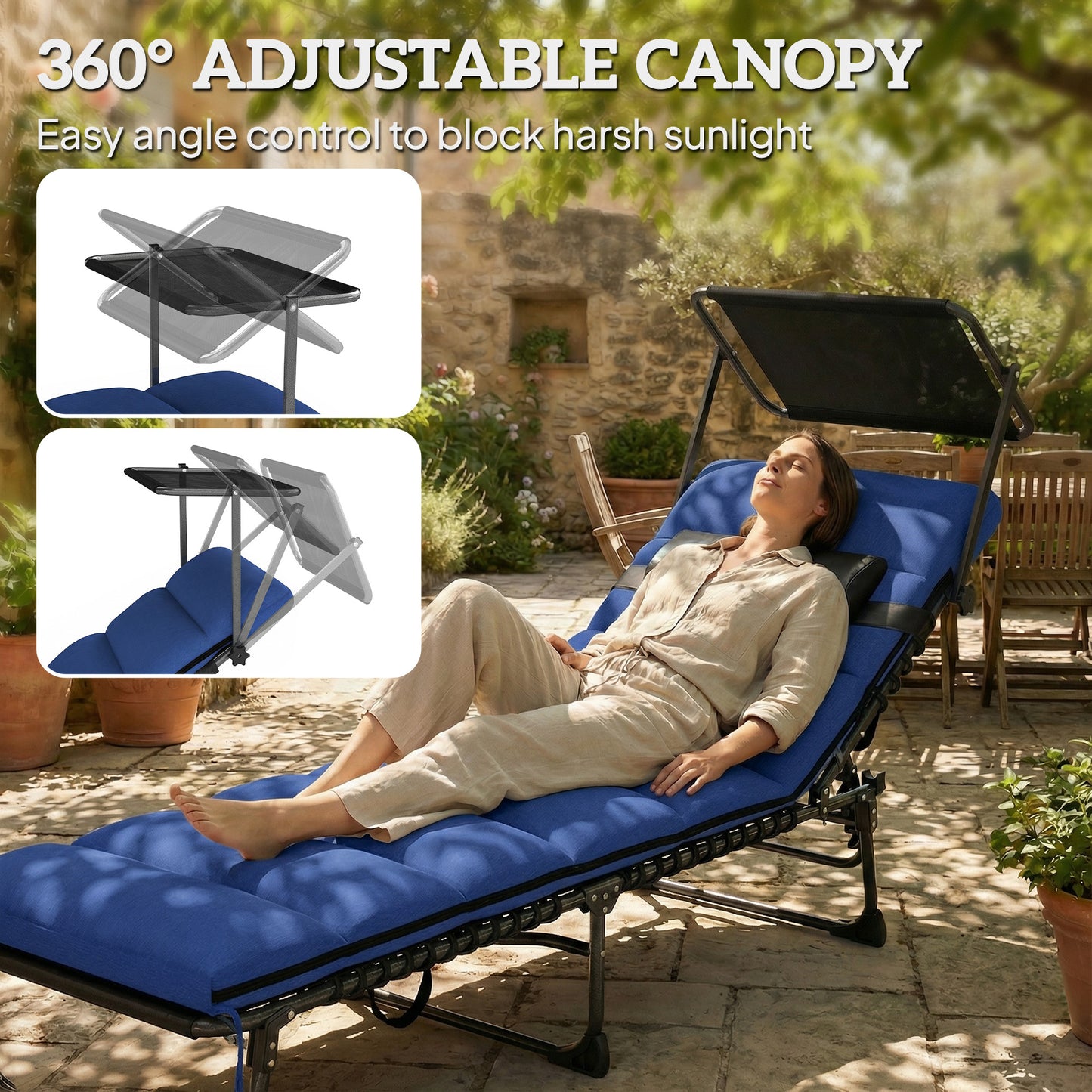 Outsunny Folding Sun Lounger With Canopy, Reclining Sunbed With Cushion, Side Pocket, Carrying Handle, Dark Blue