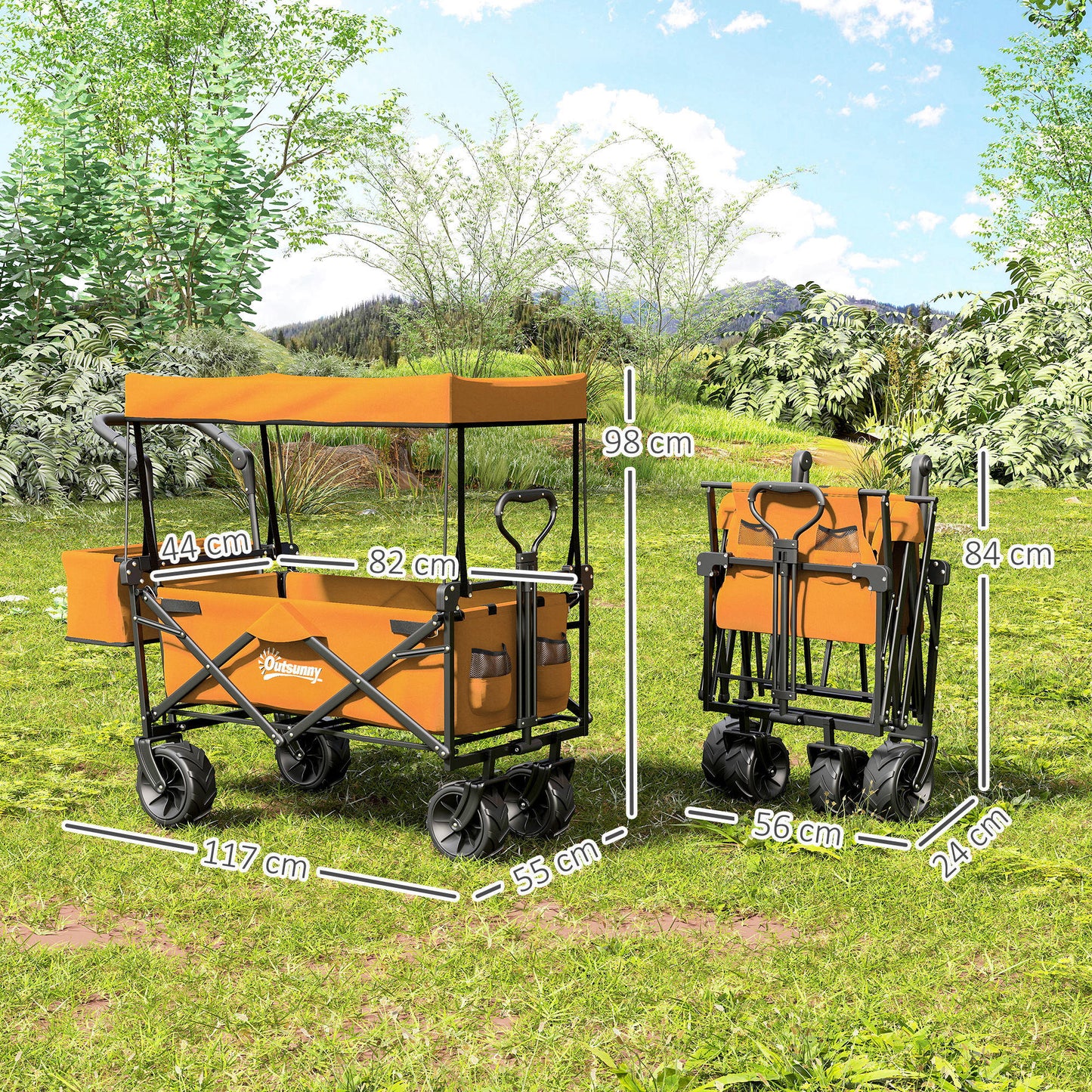 Outsunny 120L Folding Camping Trolley Cart With Removable Canopy Terrain Wheels Adjustable Handle Push Or Pull Orange