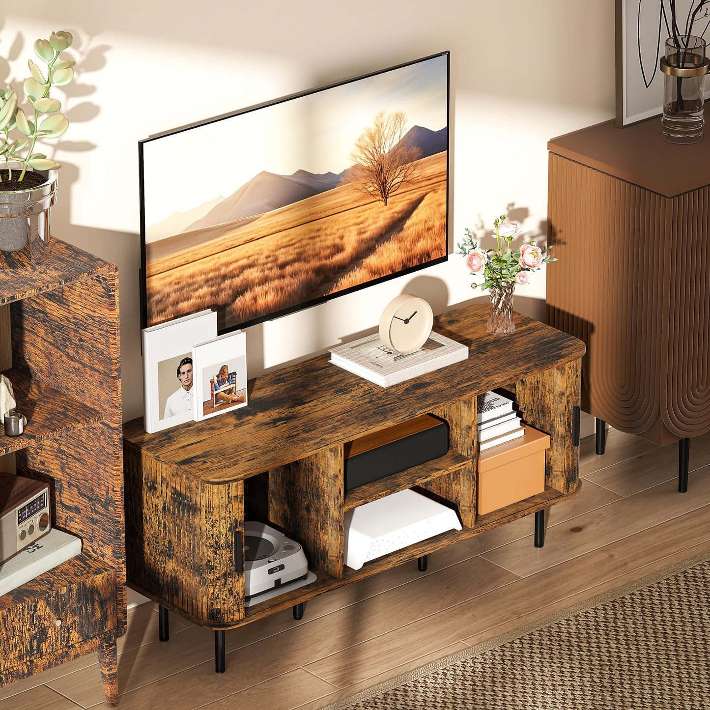 HOMCOM Rustic Brown TV Stand Cabinet For TVs Up To 55 Inches With Storage Shelves And Cupboard For Living Room