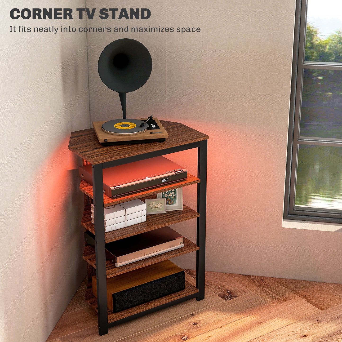 HOMCOM 4 Tier Corner TV Stand With Storage And LED Lights For TVs Up To 29 Inches Living Room Bedroom