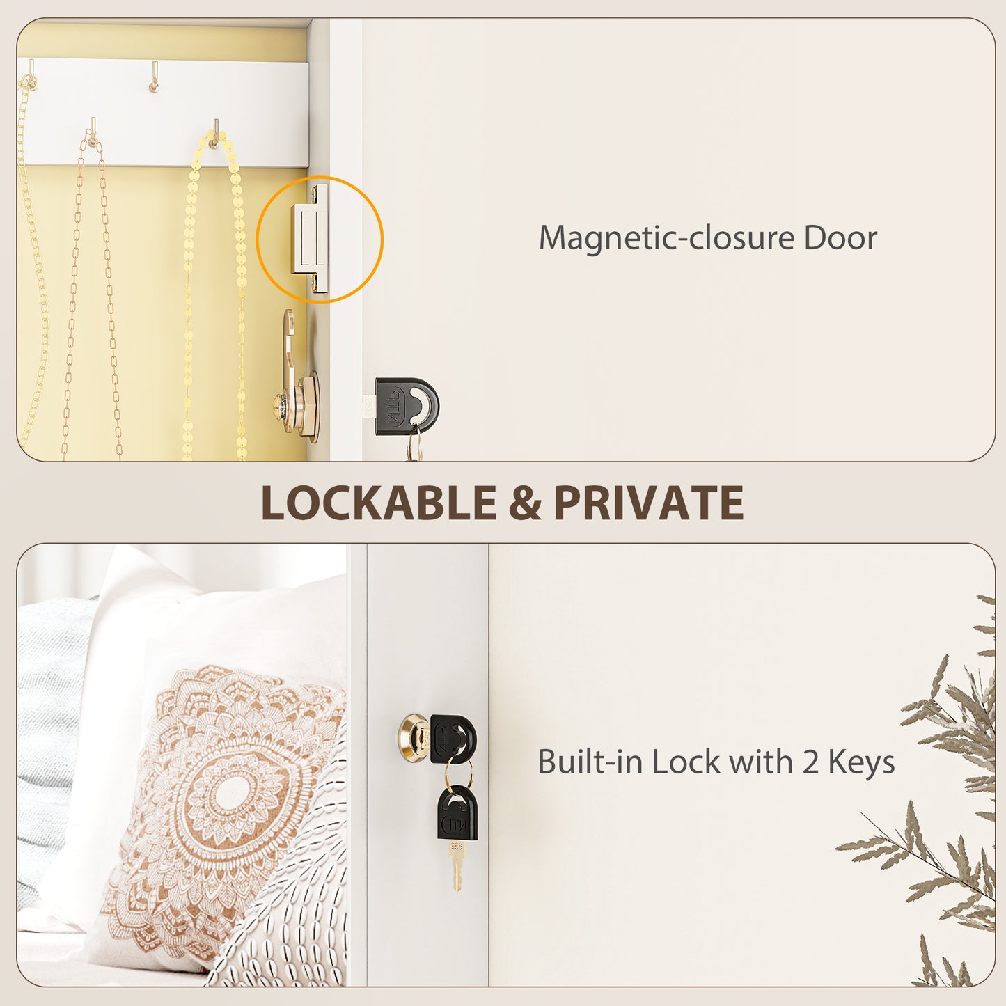 HOMCOM Jewelry Cabinet With Mirror White, Wall Mount Or Over The Door Jewelry Storage With Lock