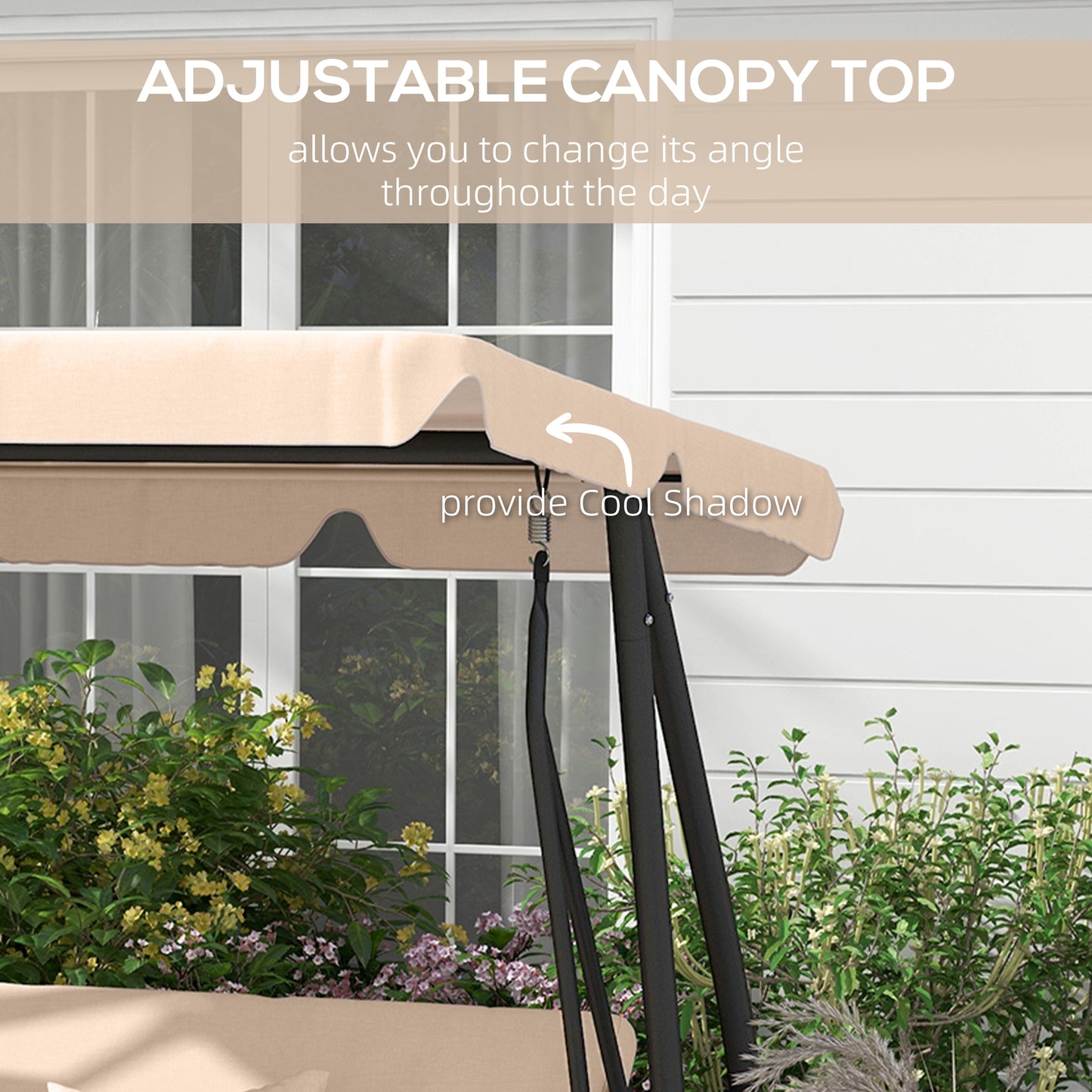 Outsunny Three Person Garden Swing Chair With Adjustable Canopy Light Brown Cushioned Seat For Relaxation