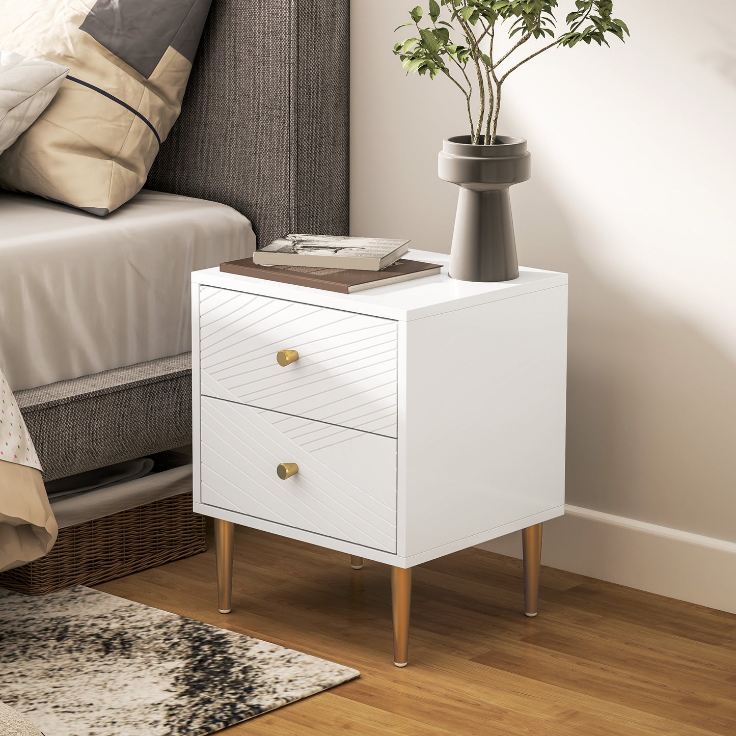 HOMCOM Elegant White And Gold Tone Two Drawer Bedside Table With Metal Legs And Spacious Storage