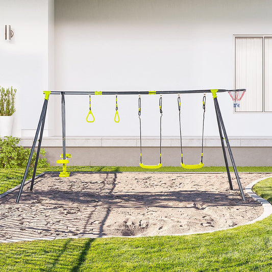 Outsunny Multi-Activity Kids Swing Set with Adjustable Seats, Seesaw, and Basketball Hoop for Outdoor Fun Ages 3-10 - ALL4U RETAILER LTD