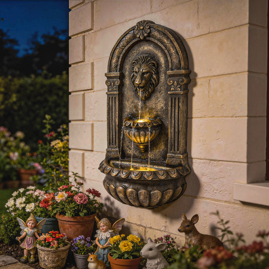 Outsunny Wall Mounted Water Fountain 3 Tier Cascading Waterfall LED Lights And Adjustable Flow For Patio Rustic Brown