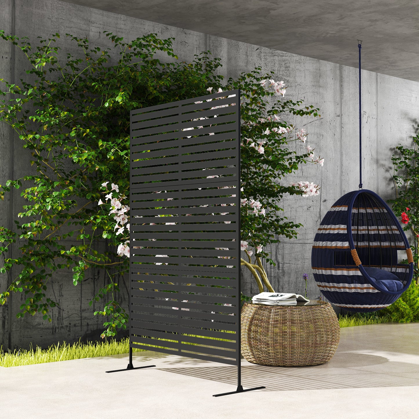 Outsunny Decorative Privacy Fence Screen With Stand 122 X 198 Cm Black Metal Trellis For Outdoor Privacy