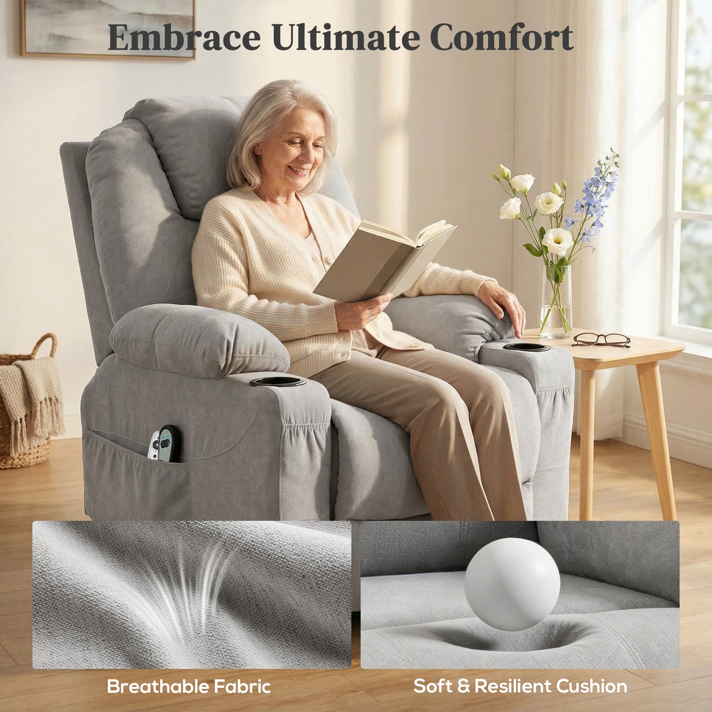 HOMCOM Electric Power Lift Recliner Chair With Pocket Spring And Massage Function Wide Backrest Light Grey