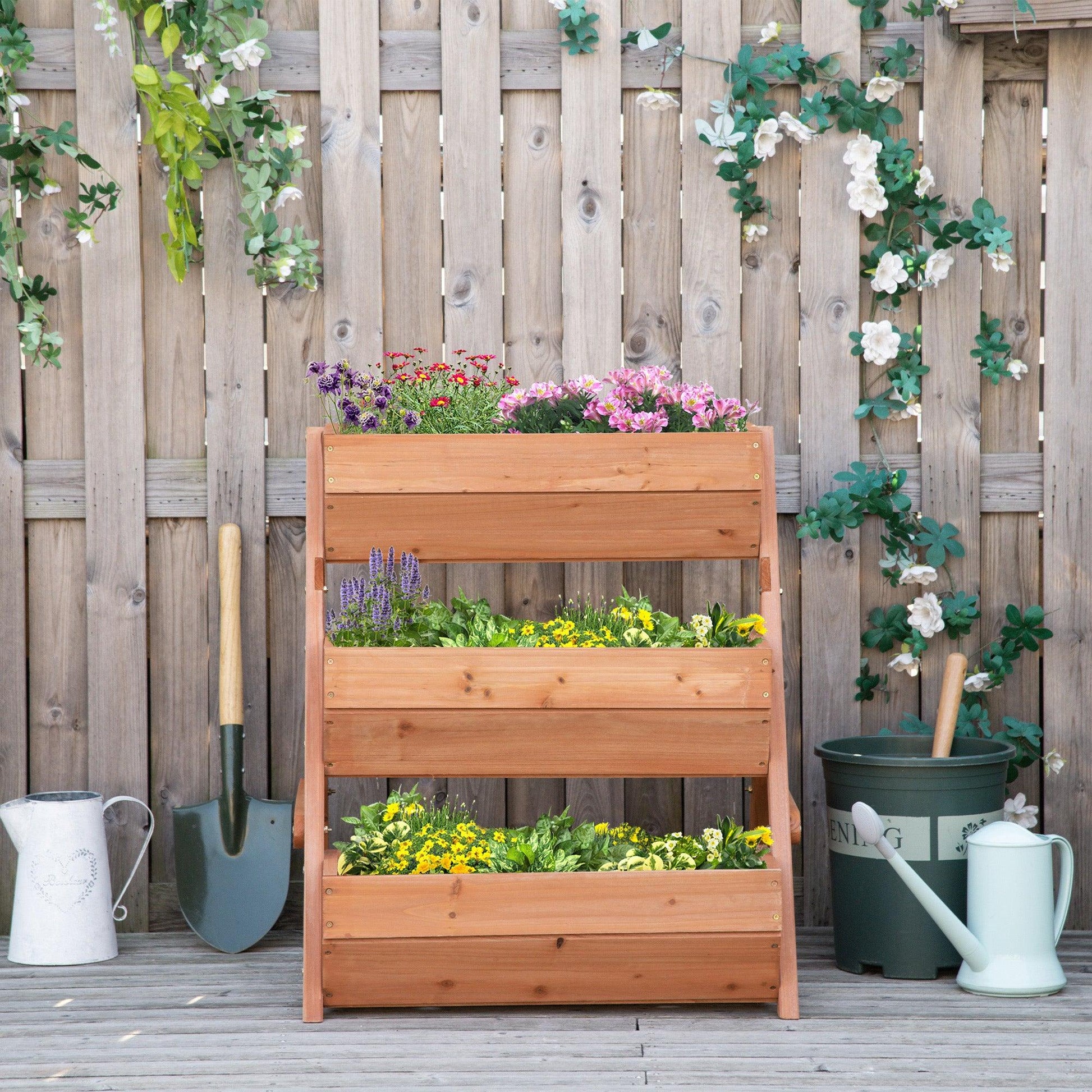 Outsunny 3 Tier Raised Garden Bed Wooden Elevated Planter Box Kit, Brown - ALL4U RETAILER LTD