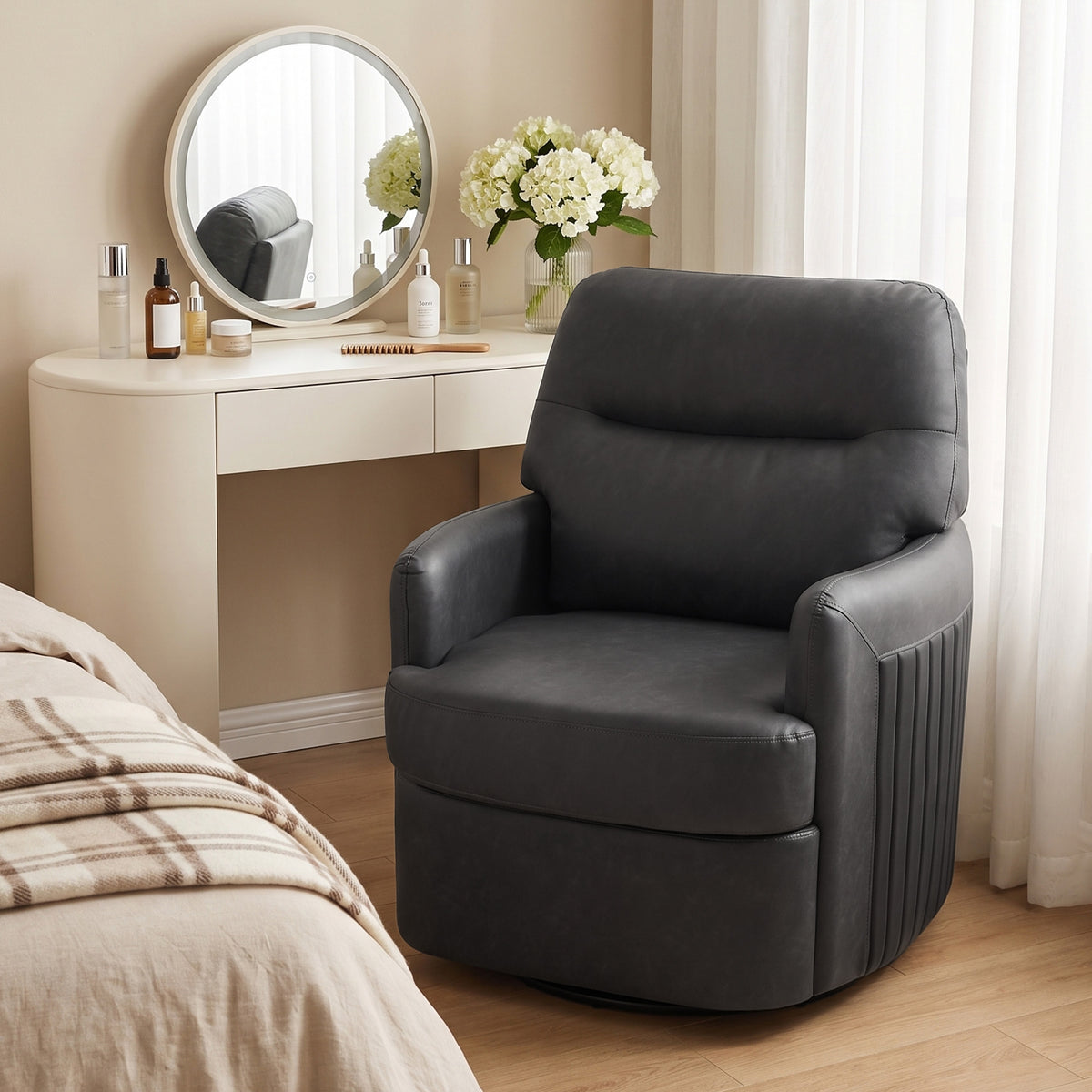 Dark grey PU leather swivel accent chair with wide armrests and cushioned back