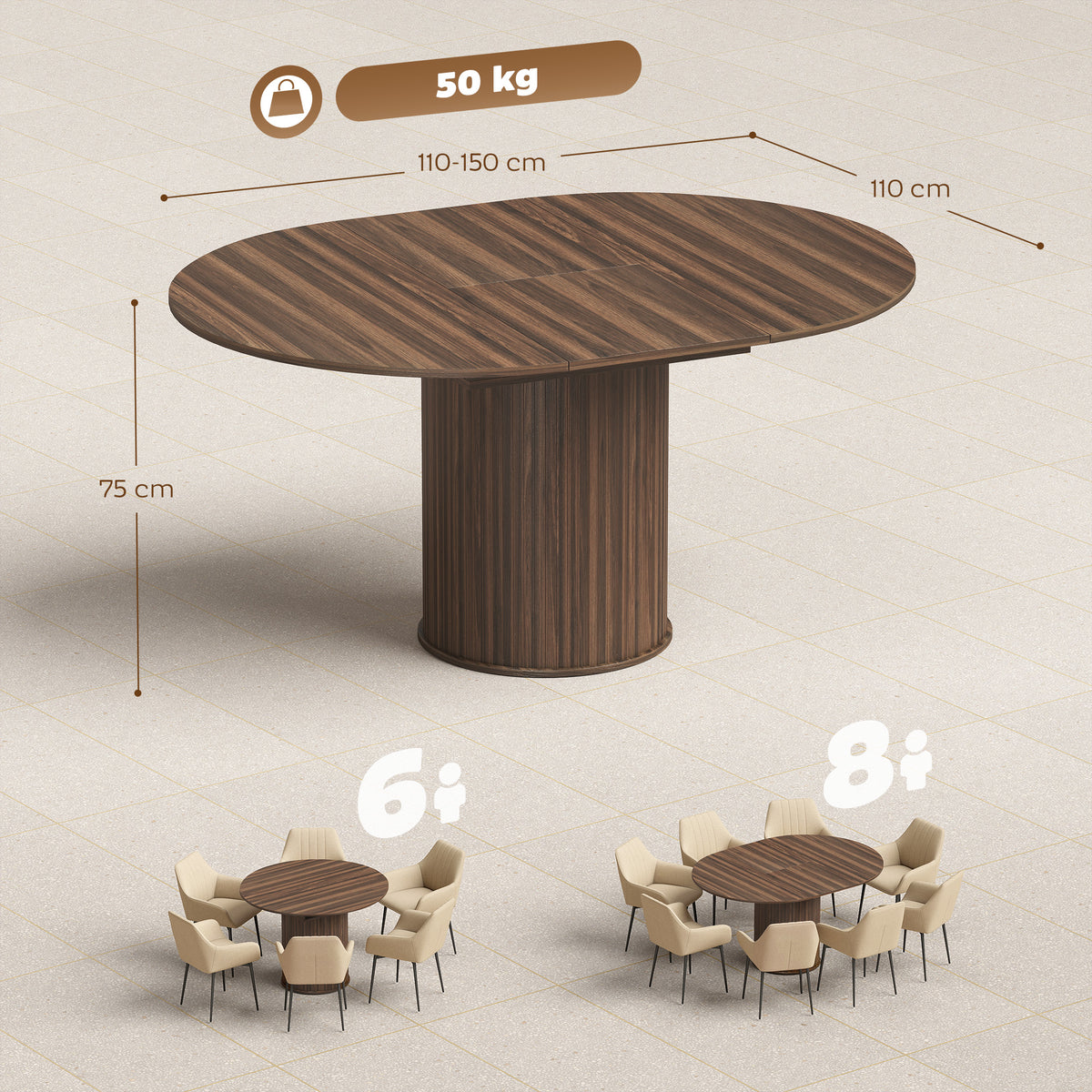 Round extendable dining table dimensions shown: 110–150 cm diameter, 75 cm high