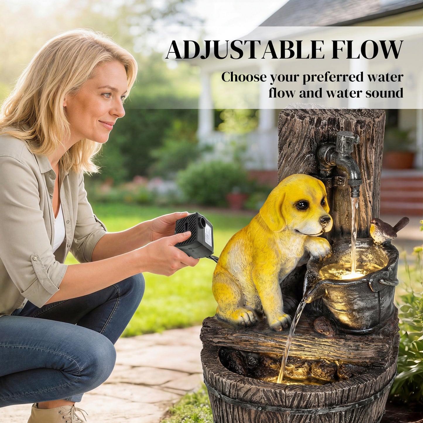 Outsunny 3 Tier Rustic Puppy Garden Water Feature Freestanding Resin With LED Lights Adjustable Flow Rustic Brown