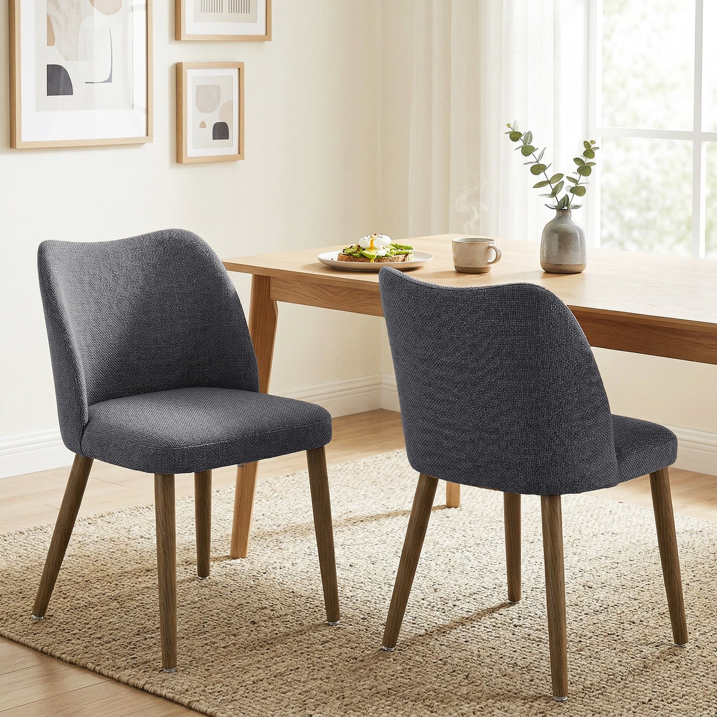 HOMCOM Dining Chairs Set Of 2 Linen Upholstered Kitchen Chairs Padded Seat Curved Backrest Rubberwood Legs Grey