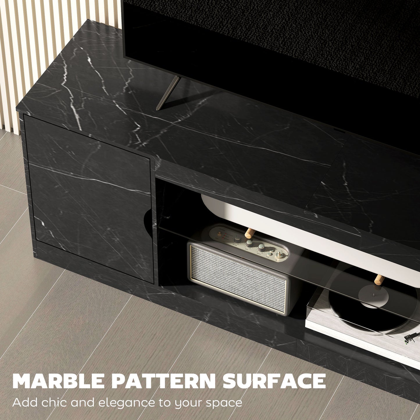 HOMCOM TV Stand Cabinet Black Marble Effect With Glass Shelf Storage Cabinet Entertainment Unit Up To 55 Inch TVs