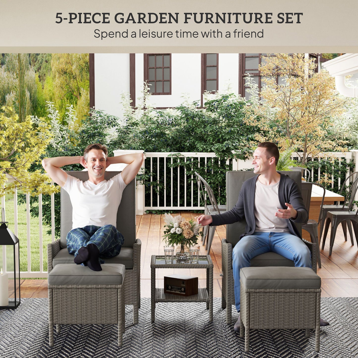 Outsunny 5 Piece Rattan Garden Furniture Set With 2 Armchairs 2 Footstools And Glass Top Coffee Table In Dark Grey