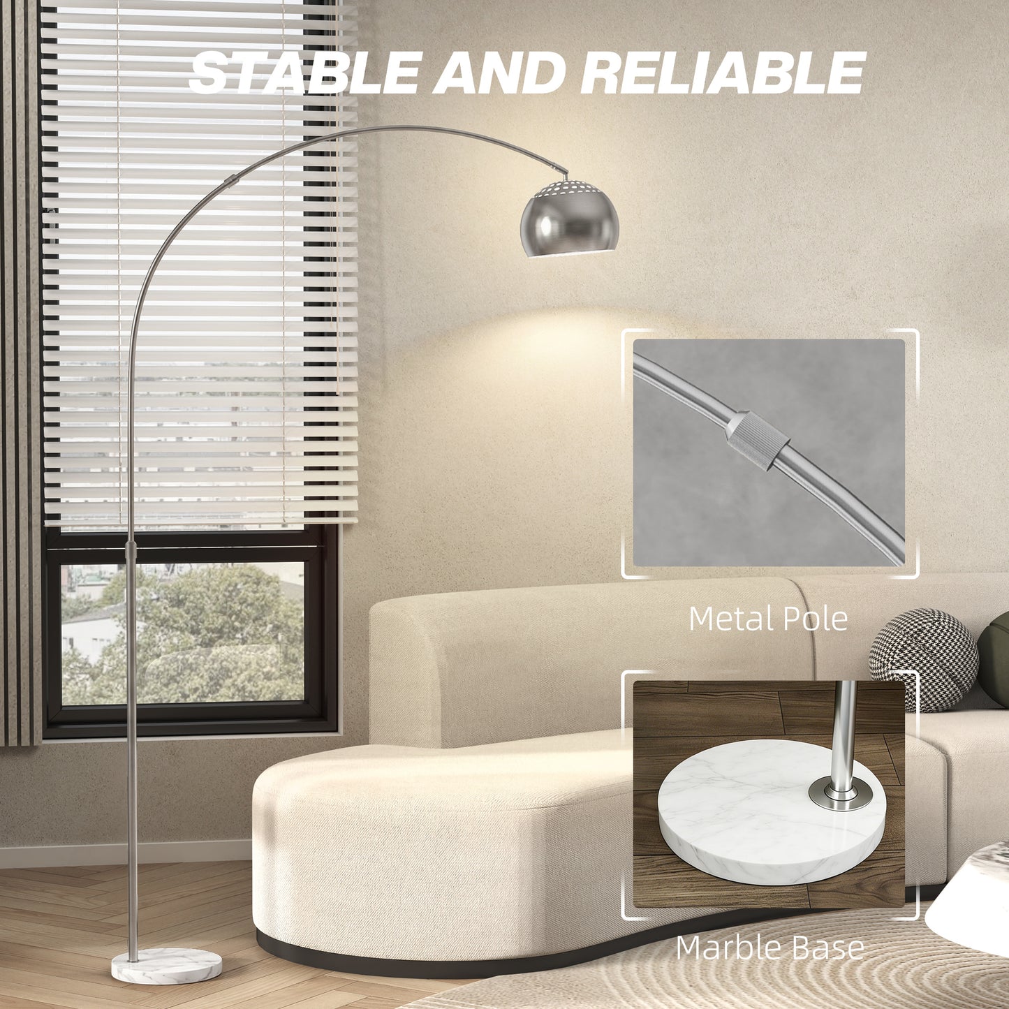 HOMCOM Arc Floor Lamp For Living Room Modern Adjustable Standing Lamp With Faux Black Marble Base Silver Tone