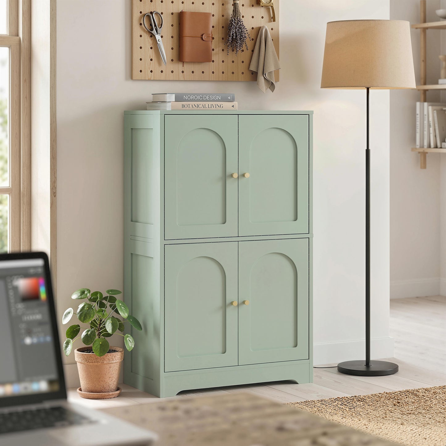 HOMCOM Four Door Kitchen Storage Cabinet With Adjustable Shelves Green Arched Door Panels And Gold Tone Handles