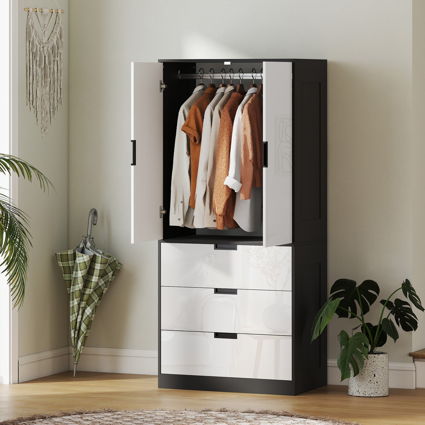 HOMCOM 2 Door Wardrobe with 3 Drawers and Hanging Rod in High Gloss White with Black Accents Modern Bedroom Storage
