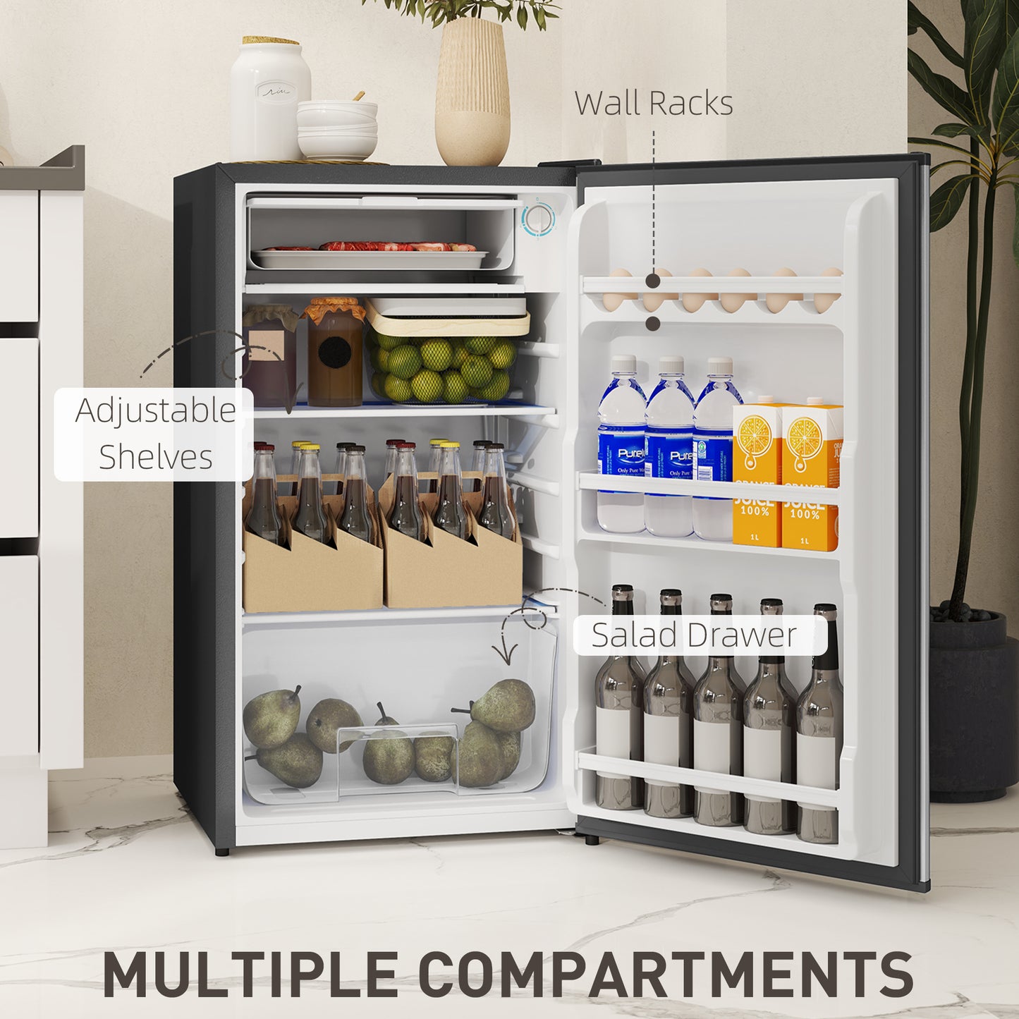 HOMCOM 91L Under Counter Fridge With Chiller Removable Shelf Reversible Door Adjustable Legs Mini Fridge Silver