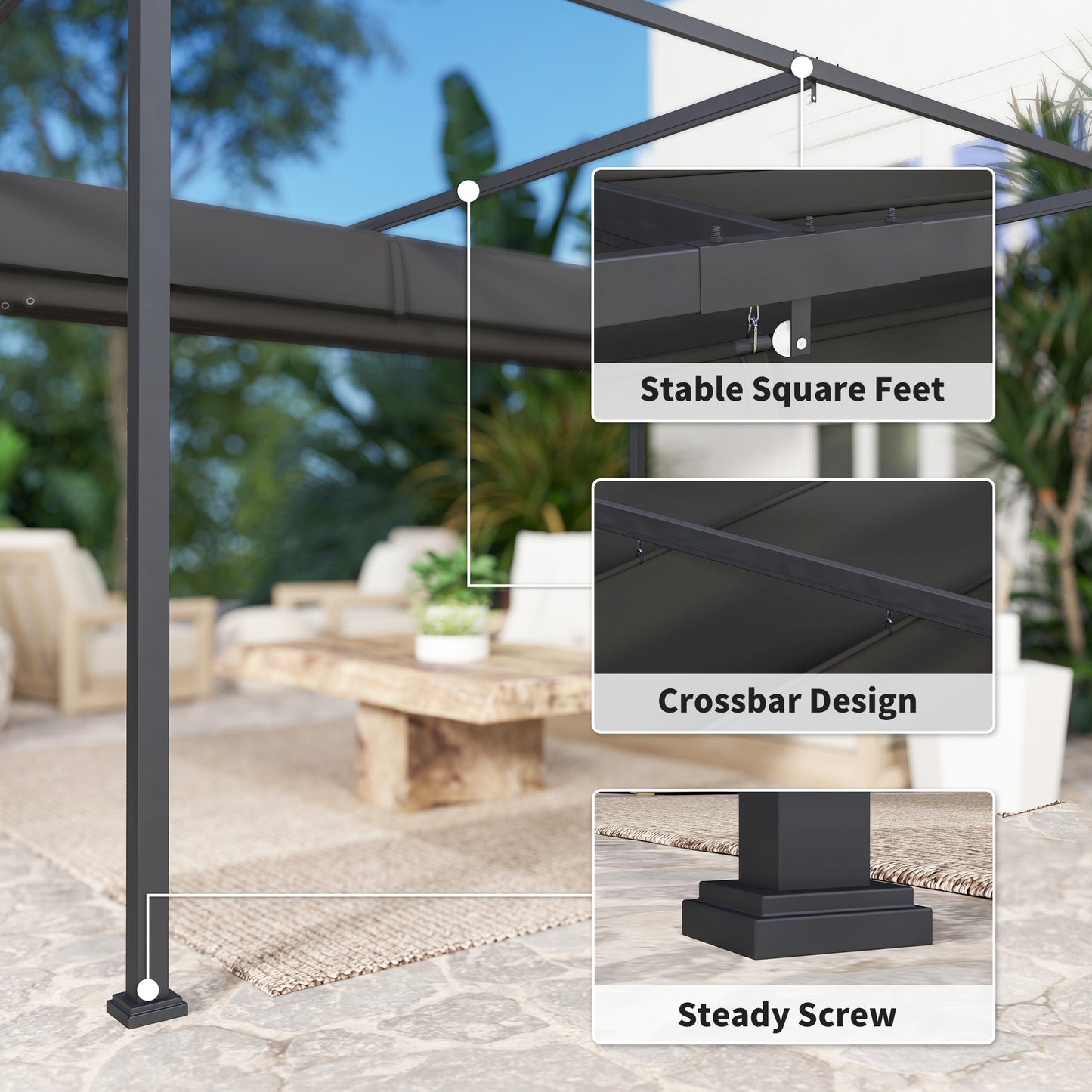 Outsunny 4m by 3m Metal Pergola Retractable Canopy Roof Black Garden Patio Shade