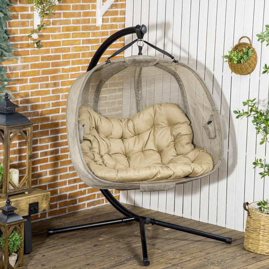 Outsunny Double Hanging Egg Chair Swing with Stand, Cushion - Brown - ALL4U RETAILER LTD