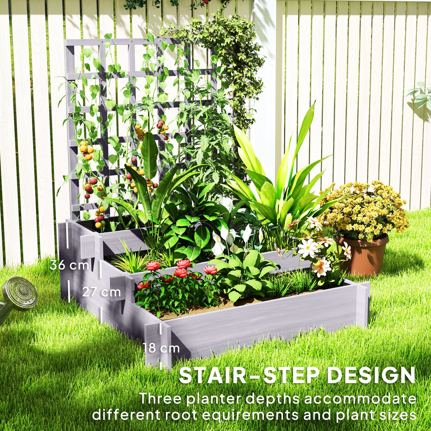 Outsunny 3 Tier Garden Planters with Trellis for Vine Climbing Wooden Raised Beds 95x95x110cm Grey Outdoor