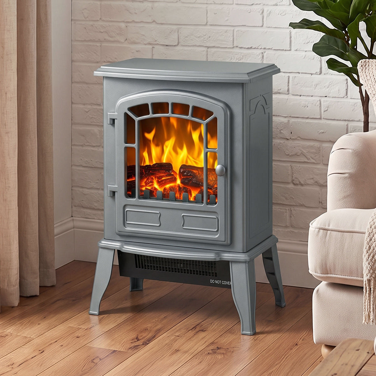 Homcom Freestanding Electric Fireplace Heater With Led Flame Effect Grey