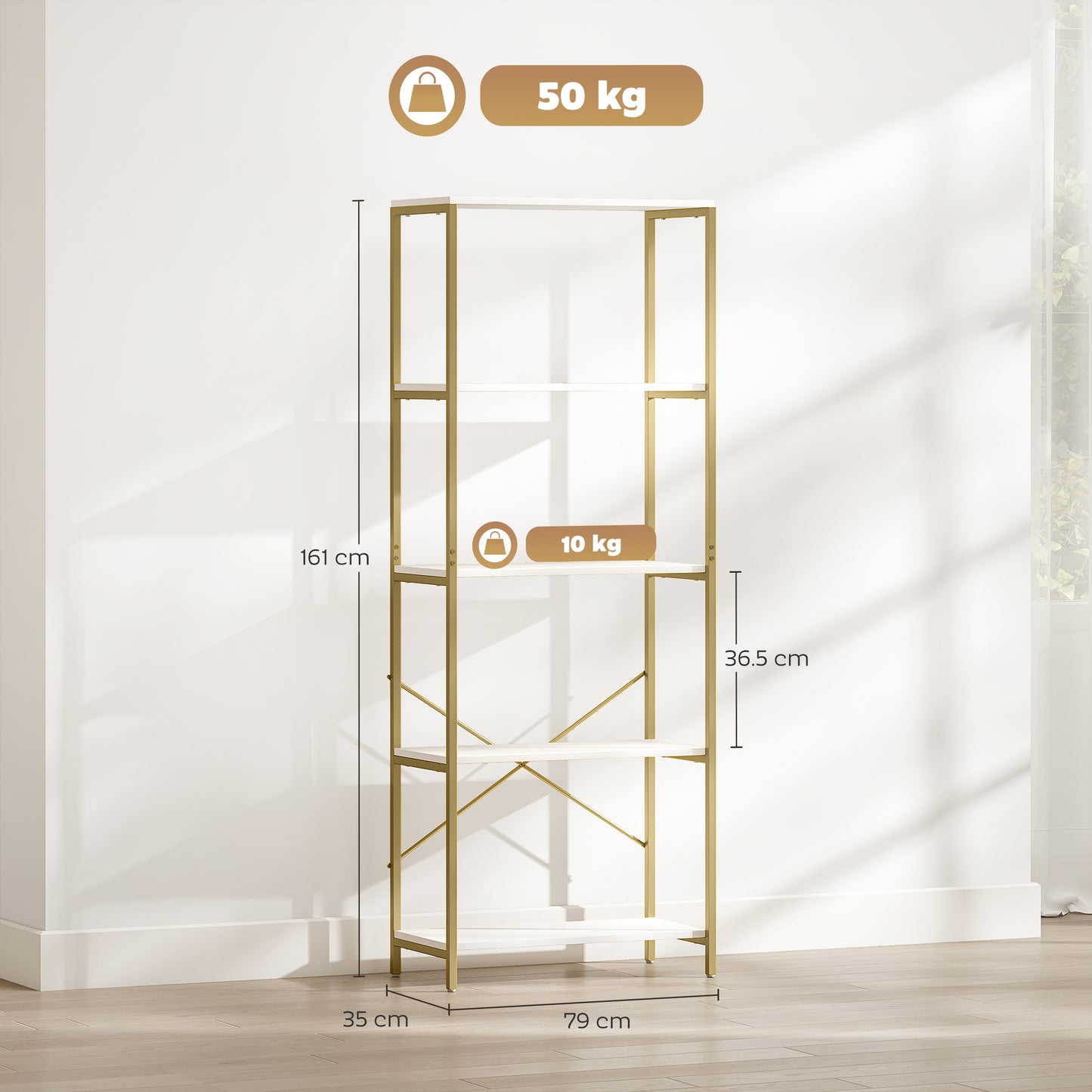 HOMCOM 5 Tier Bookshelf Modern Bookcase With Metal Frame White And Gold Tone Back X Bar Support