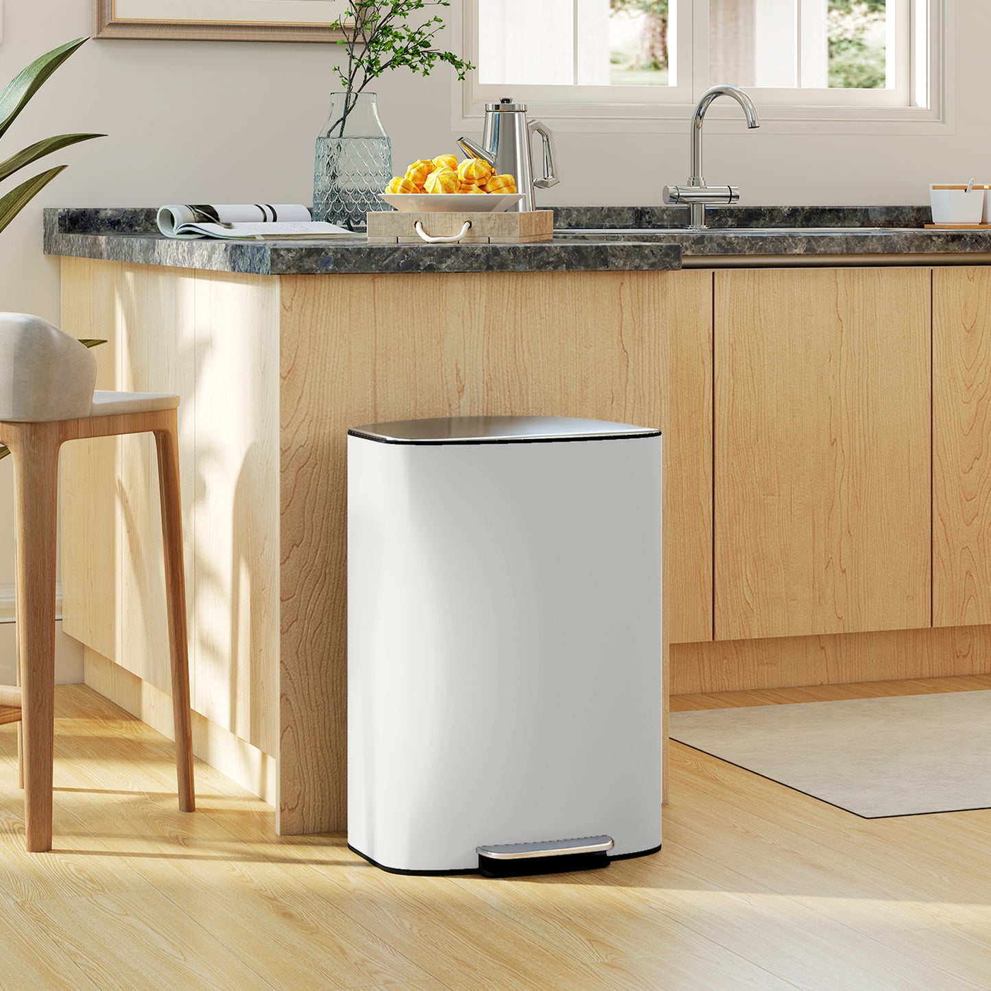 HOMCOM 50L Kitchen Bin With Soft Close Lid Stay Open Function Stainless Steel Pedal Bin Removable Inner Bucket Cream