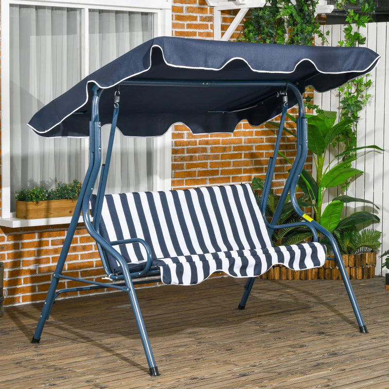 Outsunny 3 Seater Garden Swing Seat Chair Outdoor Bench with Adjustable Canopy and Metal Frame - Blue Stripes | Patio Swing for Relaxation and Comfort - ALL4U RETAILER LTD