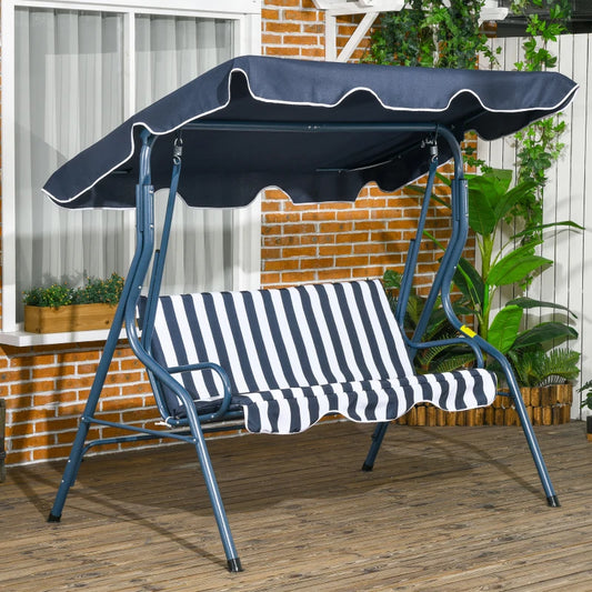 Outsunny 3 Seater Garden Swing Seat Chair Outdoor Bench with Adjustable Canopy and Metal Frame - Blue Stripes | Patio Swing for Relaxation and Comfort