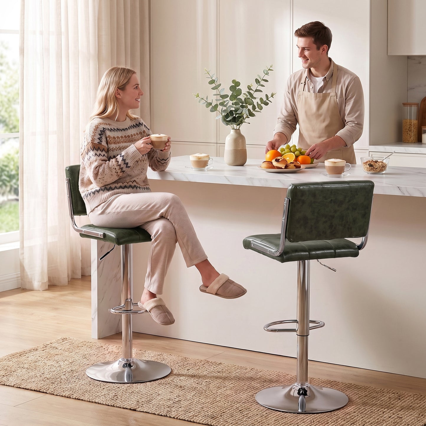 Set of 2 green PU leather bar stools with backrests and chrome round bases